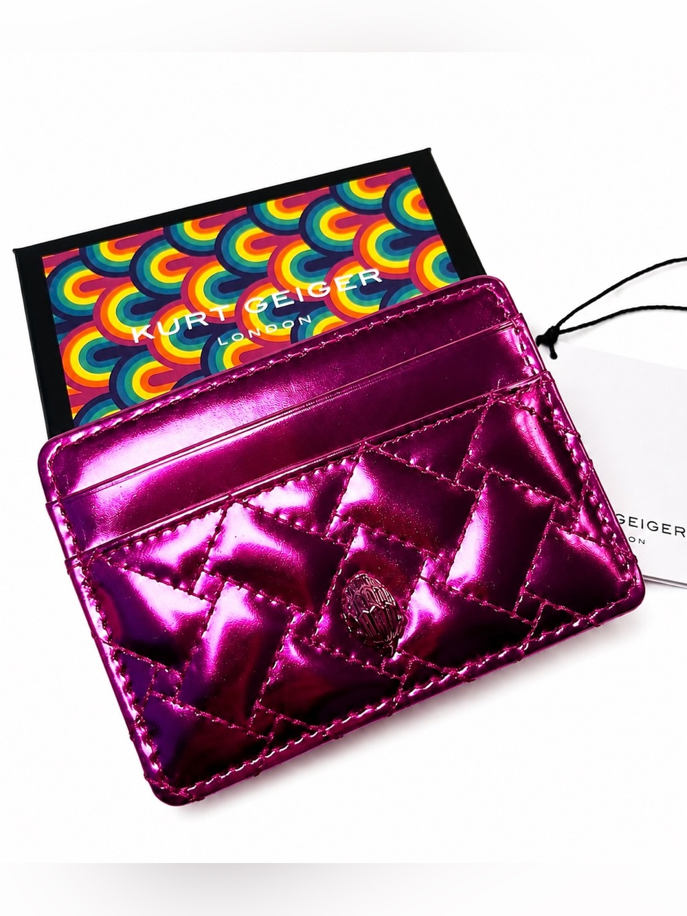 NWT Kurt Geiger Metallic Fuchsia Quilted Card Wallet